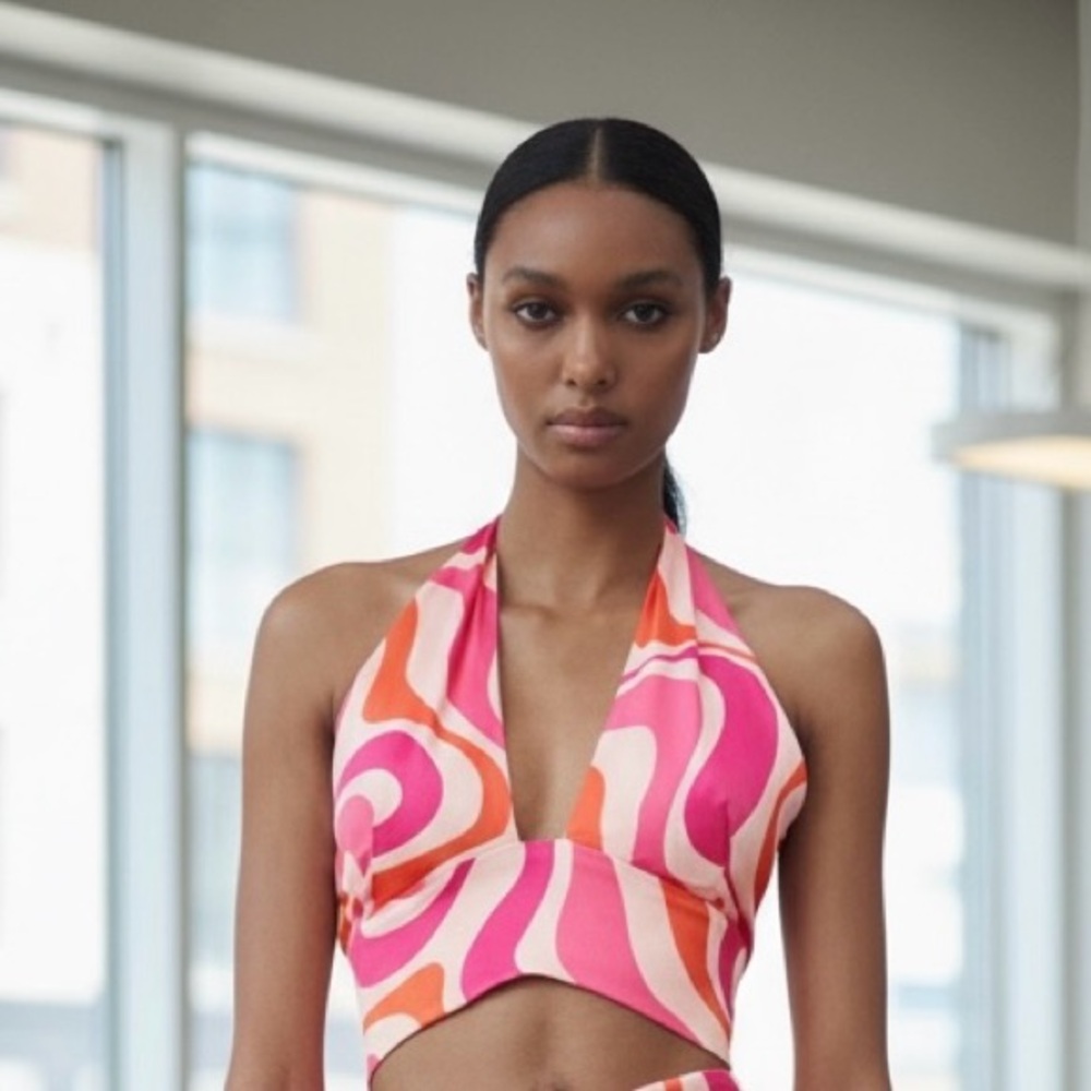 Zara Fuchsia Orange and Pink Swirl Halter Top, XS